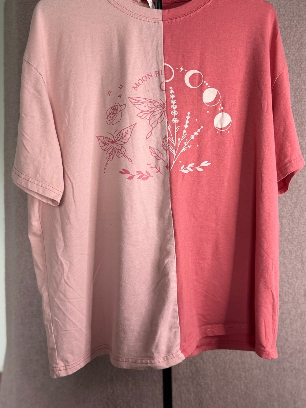ROMWE Pink Colorblock Moon Butterfly Celestial Graphic T-Shirt S